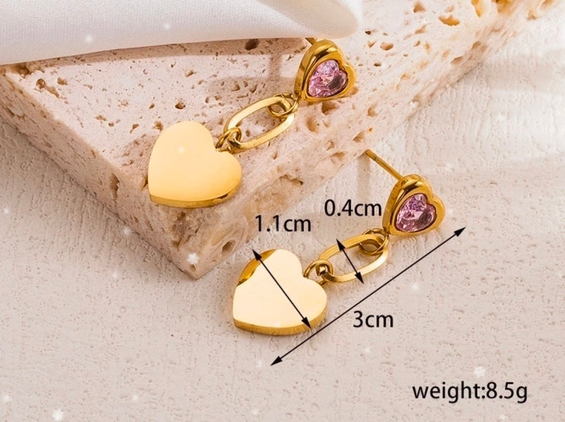 Elegant Sweet Heart Shape Plating Stainless Steel Zircon 18k Gold Plated Drop Earrings ( green /pink )