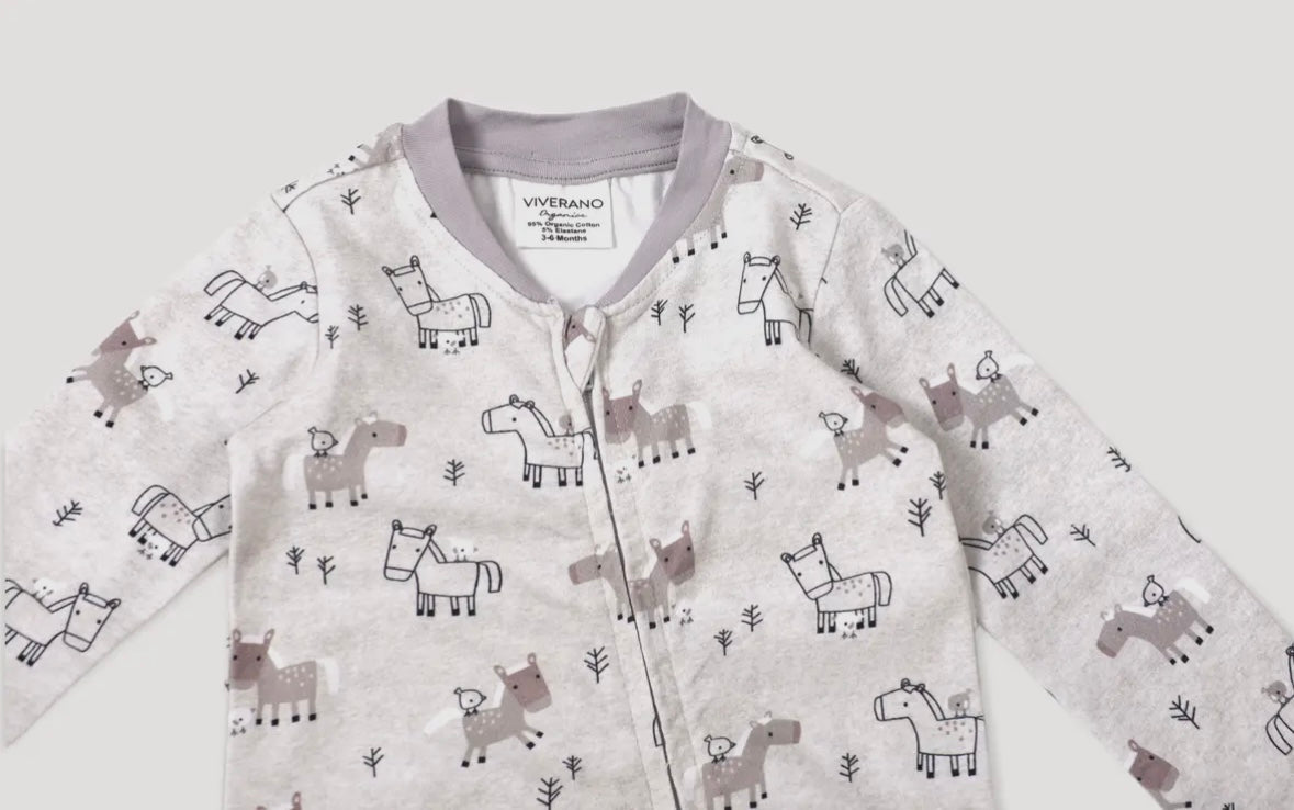 Horse & Bird Baby Zipper Gootie Coverall ( Organic Cotton ) 0-3, 3-6, 6-9