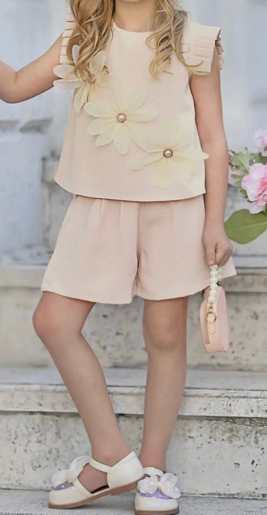 Elegant Cream Daisy Top and Short Set